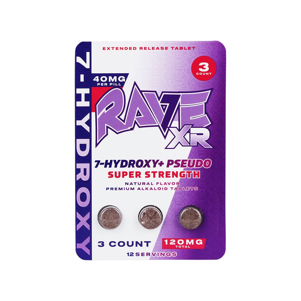 Rave Super Strength 7-Hydroxymitragynine + Pseudoindoxyl Extended Release Tablets | 120mg | 3pc | Natural | 10pk Display
