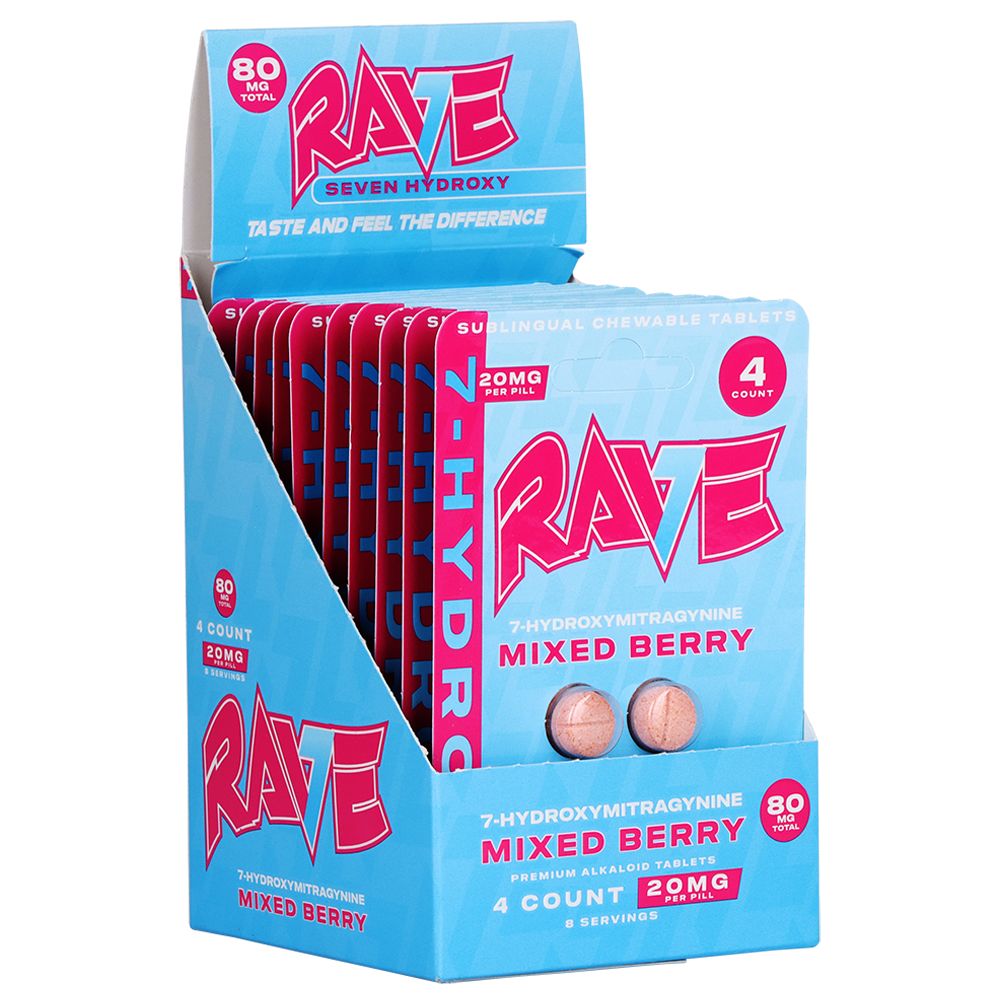 10PK DISPLAY - Rave 7-Hydroxymitragynine Tablets - 80mg / 4pc / Mixed Berry